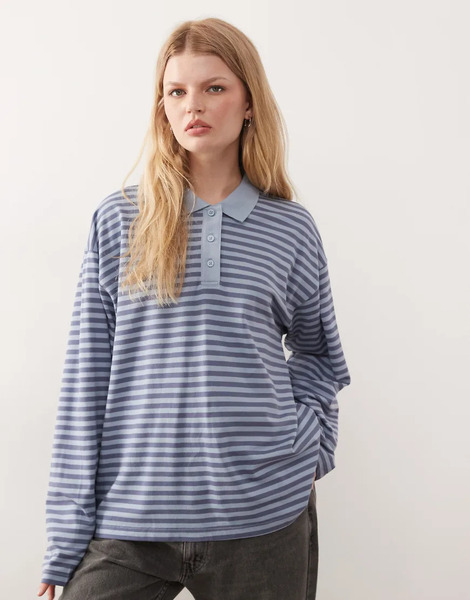  Monki Long Sleeve Rugby Top In Blue Stripe 