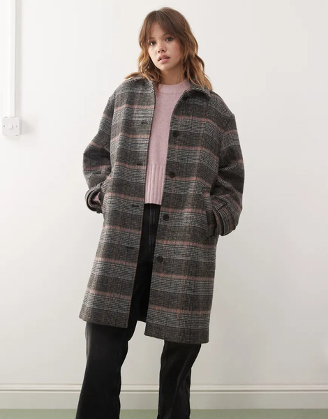  Monki Longline Coat With Wool In Grey Check 