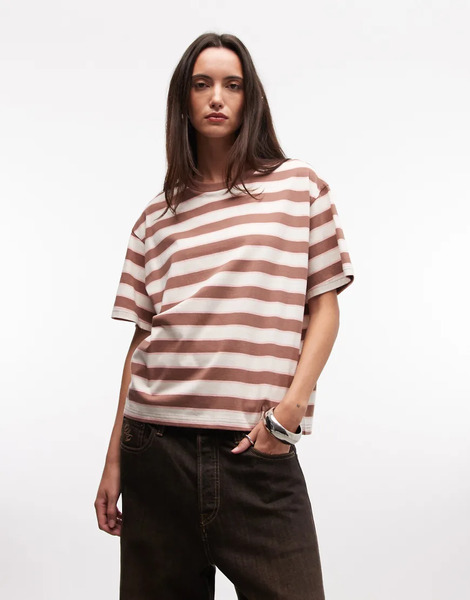  Monki Oversized Boxy T Shirt In Brown Stripe 