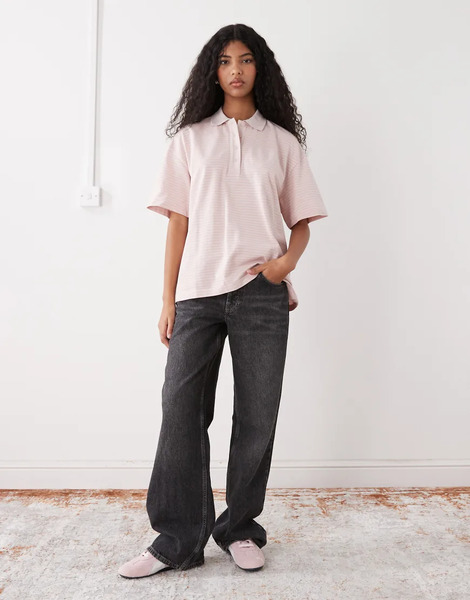  Monki Oversized Rugby Polo In Pink Stripe 