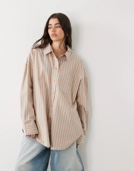  Monki Oversized Shirt In Beige Stripe Neutral 