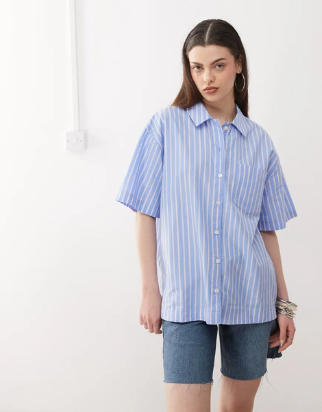  Monki Oversized Short Sleeve Shirt In Blue Stripe 