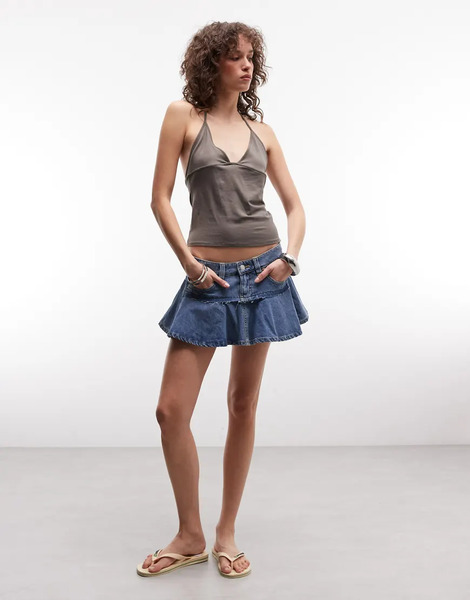  Monki Pleated Denim Mini Skirt In Blue 