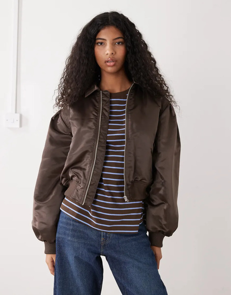  Monki Ruched Back Bomber Jacket In Brown 