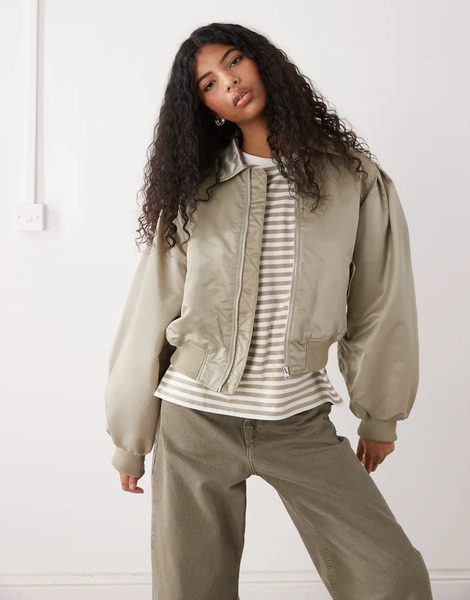  Monki Ruched Back Bomber Jacket In Khaki Green 