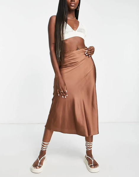  Monki Satin Maxi Skirt In Brown 