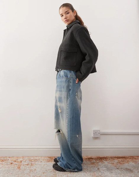  Monki Short Collared Jacket With Wool In Dark Grey 