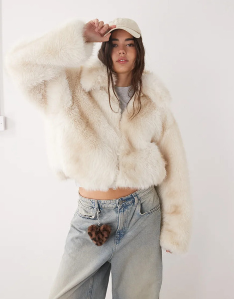  Monki Short Faux Fur Jacket In Off White 