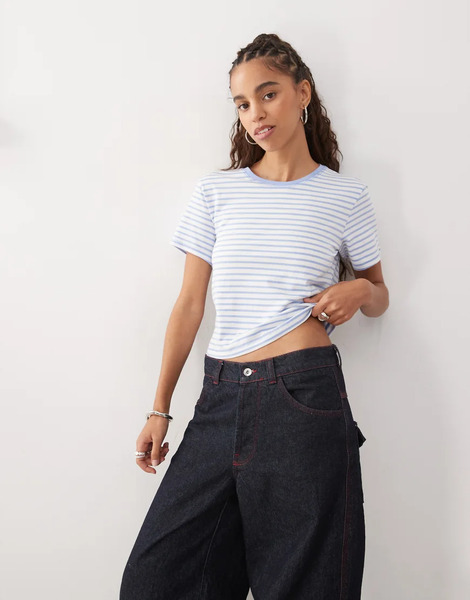  Monki Shrunken Tee In Blue And White Stripe Multi 