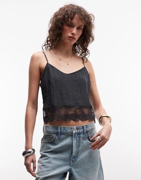  Monki Textured Satin Lace Top In Black 