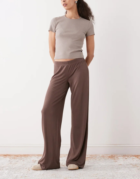  Monki Wide Leg Soft Touch Trousers In Mole Brown 