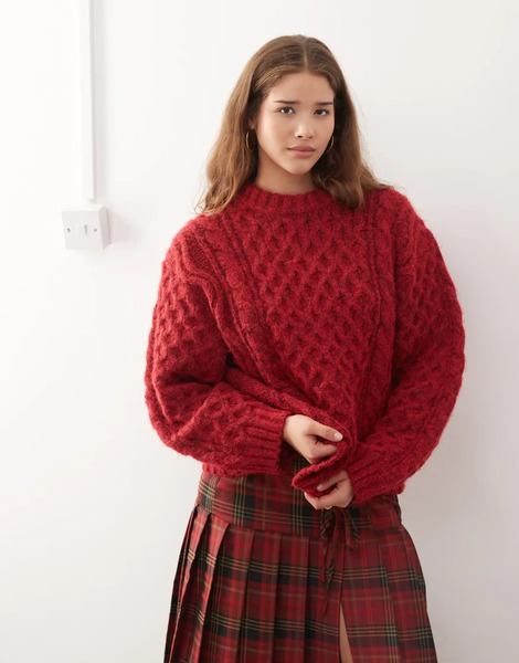 Monki Wool Blend Chunky Oversized Cable Knit Jumper In Red 