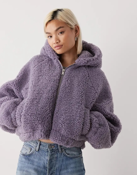  Monki Zip Through Teddy Hooded Jacket In Lilac Grey 