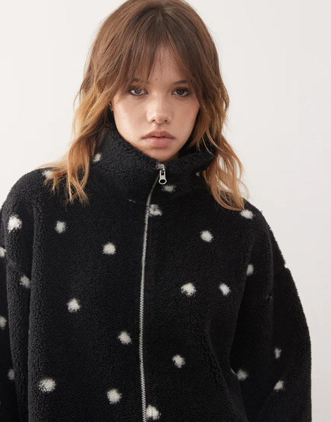  Monki Zip Up Fleece In Black And White Polka Dot 