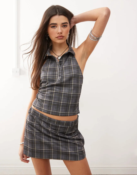  Motel Harlo Collared Check Top Co Ord In Grey 