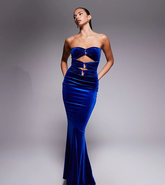  Murci Exclusive Velvet Bandeau Gold Hardware Cut Out Detail Bodycon Fishtail Maxi Dress In Cobalt Navy 