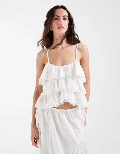  Muse Assembly Boho Broderie Anglaise Tiered Strap Top In White Co Ord 