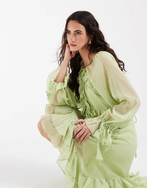  Muse Assembly Boho Crinkle Chiffon Ruffle Midi Dress In Apple Green 