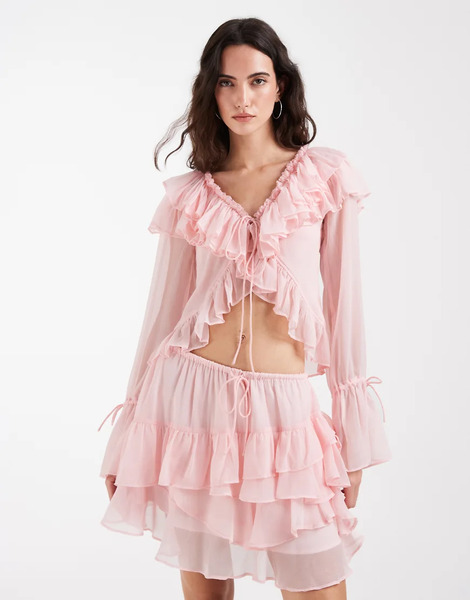  Muse Assembly Boho Crinkle Chiffon Ruffle Tie Front Top In Pink Co Ord 