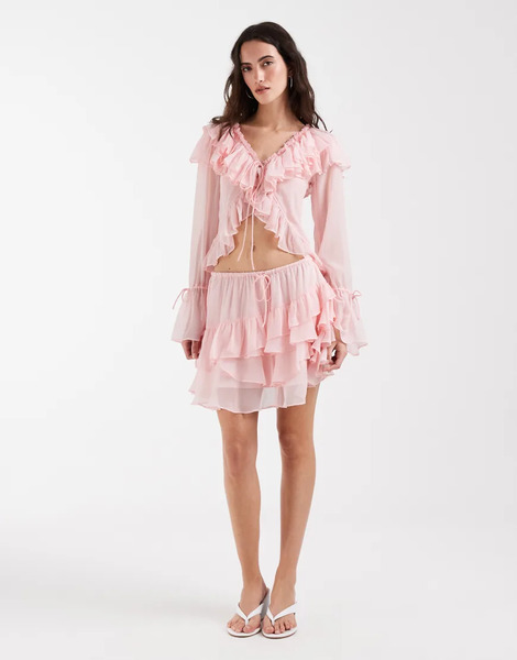  Muse Assembly Boho Crinkle Chiffon Tiered Mini Skirt In Pink Co Ord 