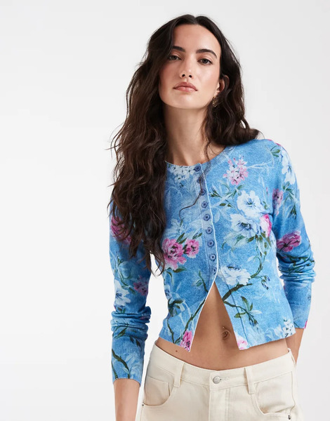  Muse Assembly Button Down Cardigan In Blue Placement Floral Multi 