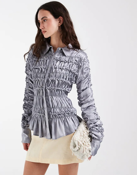  Muse Assembly Crushed Satin Ruched Shirt In Blue 