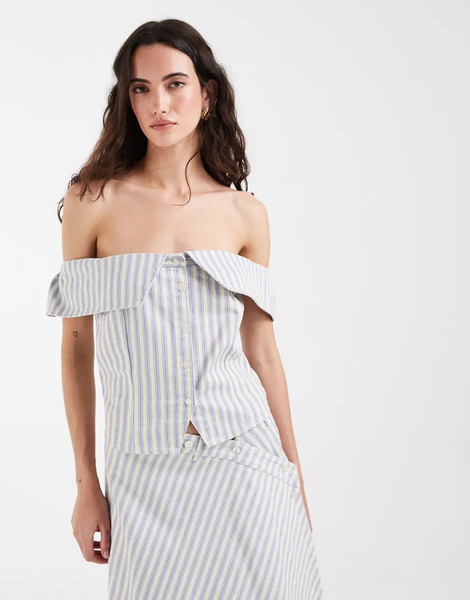  Muse Assembly Off Shoulder Tailored Top In Ecru Stripe Co Ord Multi 
