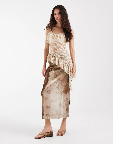  Muse Assembly Printed Organza Maxi Skirt In Muted Florals Multi 