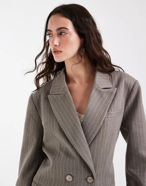  Muse Assembly Structured Blazer With Sinched Waist Tie In Grey Pinstripe 