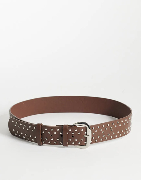  My Accessories Silver Studded Belt In Brown 
