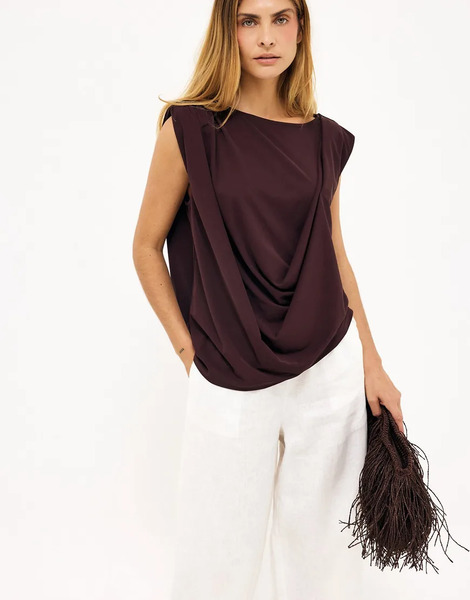  Na Kd Kristine Bennigsen   Draped Sharp Shoulder Top In Brown 