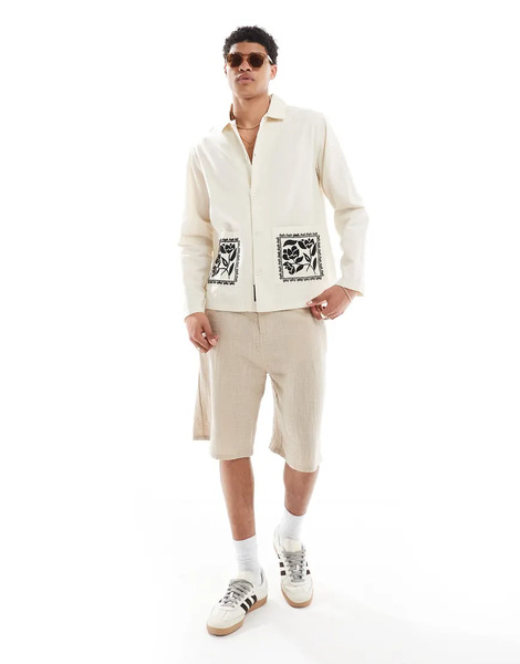  Native Youth Embroidered Collar Overshirt In Natural Neutral 