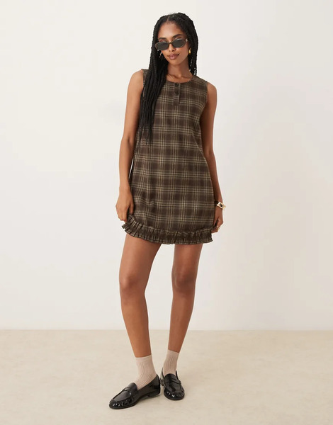  Neon Rose Check Print Mini Shift Dress In Brown 
