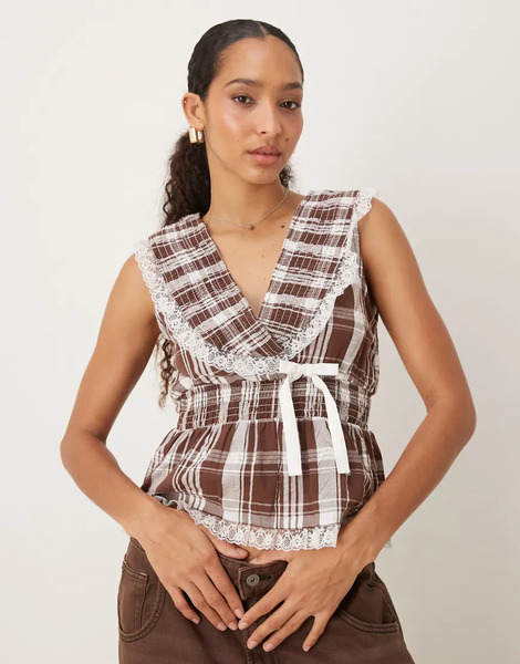  Neon Rose Check Ruffle Wrap Blouse In Beige Neutral 