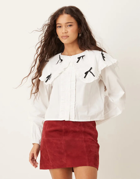  Neon Rose Oversized Bow Detail Collared Blouse In White 