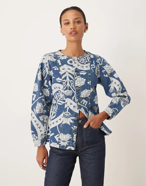  Never Fully Dressed Amara Printed Denim Structured Balloon Sleeve Jacket In Blue 