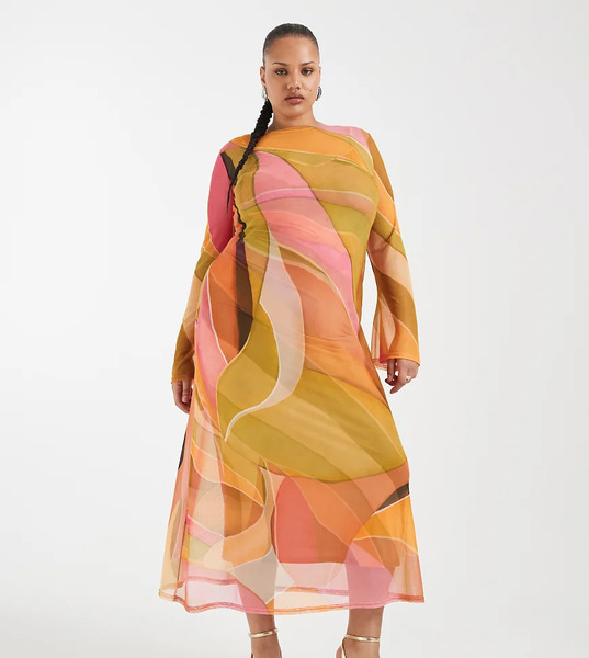  Never Fully Dressed Plus Aria Long Sleeved Mesh Maxi Dress In Abstract Multi Print 