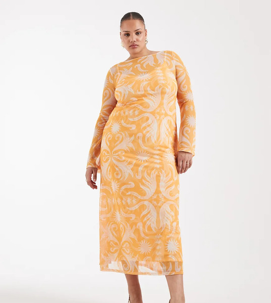  Never Fully Dressed Plus Cairo Reversible Mesh Maxi Dress In Orange Sol Print 