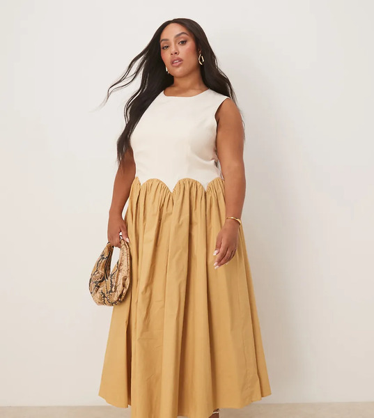  Never Fully Dressed Plus Contrast Drop Hem Midaxi Dress In Camel Neutral 