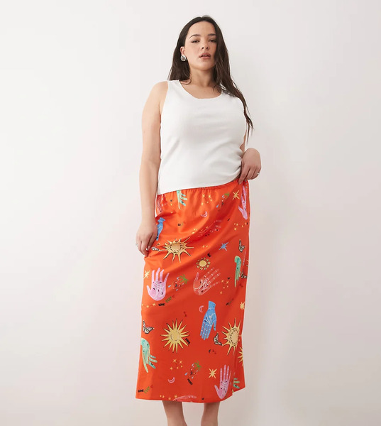  Never Fully Dressed Plus Dorris Satin Maxi Skirt In Red Celestial Print 
