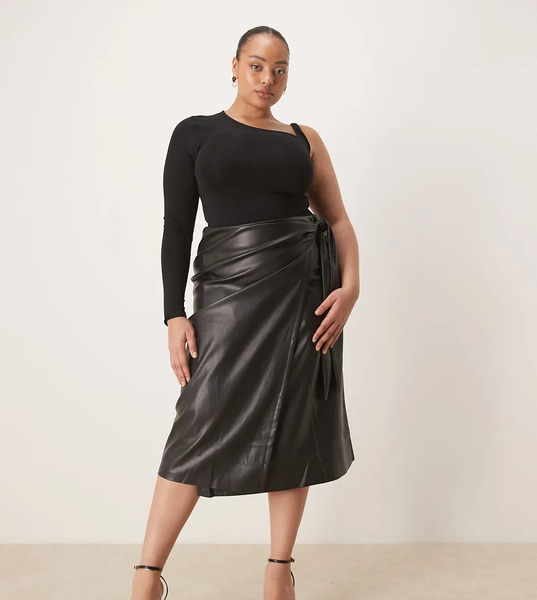  Never Fully Dressed Plus Jaspre Leather Look Wrap Tie Side Midi Skirt In Black 