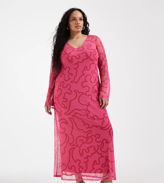  Never Fully Dressed Curve Mesh Maxi Dress In Pink Paisley 
