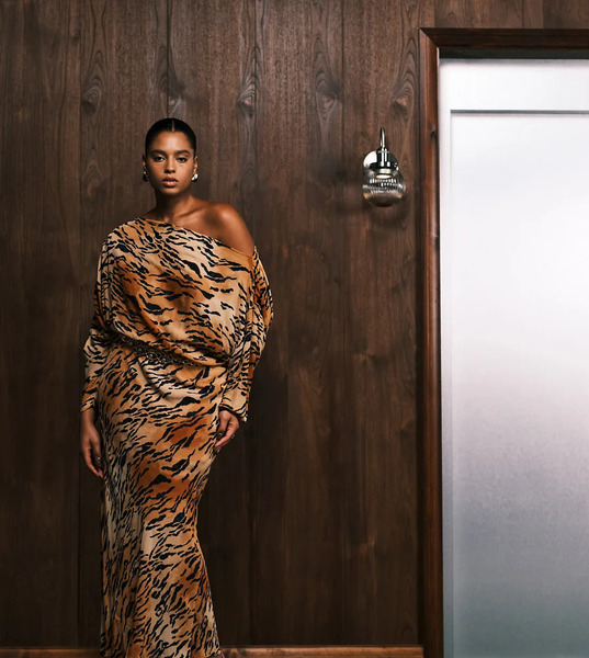  Never Fully Dressed Plus Plisse Off Shoulder Maxi Dress In Tiger Print Multi 