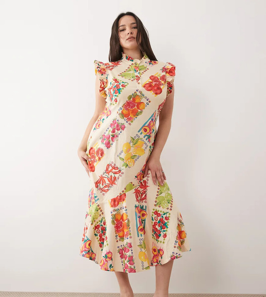  Never Fully Dressed Plus Remi Flutter Sleeve Button Placket Midi Dress In Pink Fruit Sticker Print Multi 