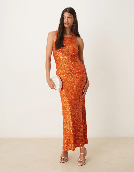  Never Fully Dressed Sequin Maxi Skirt Co Ord In Rust Orange 