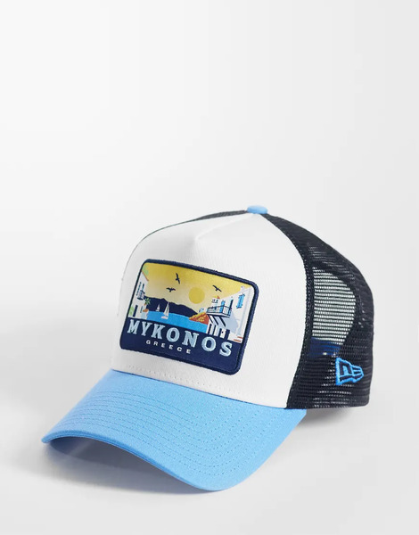  New Era Mykonos Location Patch Trucker Cap In Blue Multi 