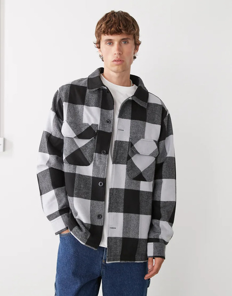  New Era Overshirt Jacket In Black And Grey Check Multi 