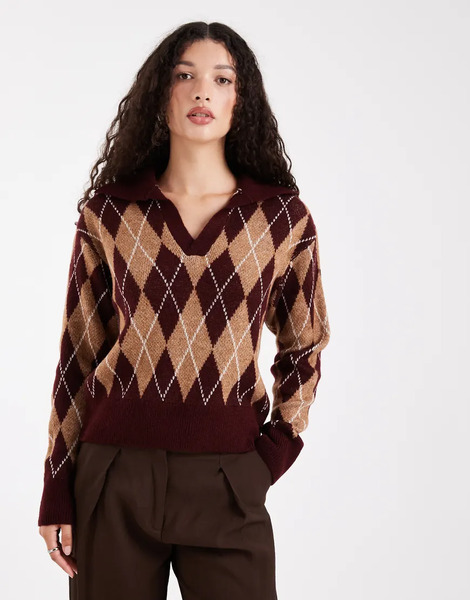  New Look Argyle Polo Jumper In Red Pattern 