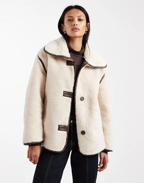  New Look Bonded Borg Jacket In Cream White 