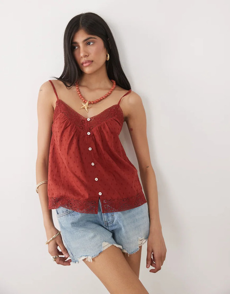  New Look Button Down Lace Cami Top In Rust Brown 